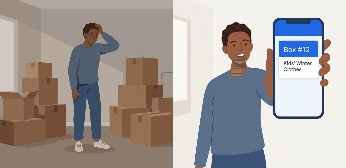 Before KybaBox: person overwhelmed among stacked moving boxes. After: same person smiling, phone showing Box 12 Kids Winter Clothes.